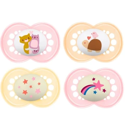 Image of MAM Day &amp; Night Silicone Dummy 16+, Set of 4, Including 2 Sterilised Transport Boxes