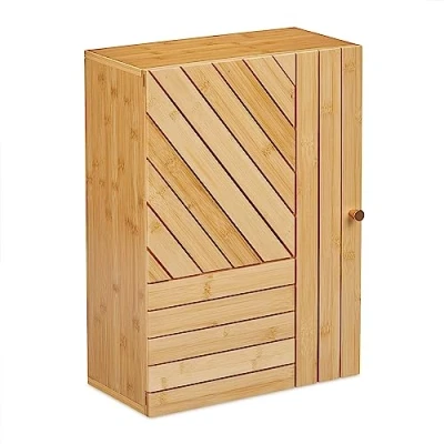 Image of Relaxdays Bathroom Cabinet, Wall Mounted, Wooden, Bamboo, Adjustable, Storage, Cupboard, HxWxD: 55 x 40 20 cm, Natural, Fibreboard