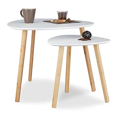 Image of Set of 2 Nesting Tables, Compact End Tables in Nordic Design, Flower Stands and Newspaper Coffee White