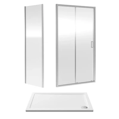 Image of 6mm Toughened Safety Glass Sliding Shower Door, Side Panel and Tray 1200 x 760 1900mm Chrome Frame White