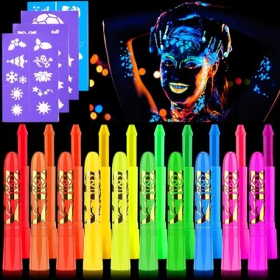 Image of UZSUZZ UV Neon Glow Face Paint Crayons Set, 10 Colors Ultraviolet Body Set with 4 Stencils, Safe Non Toxic Fluorescent for Adults Kids Halloween Makeup Party Cosplay