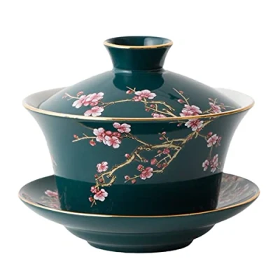 Image of Eplze YBK Tech 10oz Large Gaiwan, Porcelain Kung Fu Tea Cup and Saucer with Lid, Chinese Traditional Sancai Bowl Embossed Plum Patterns (Green)