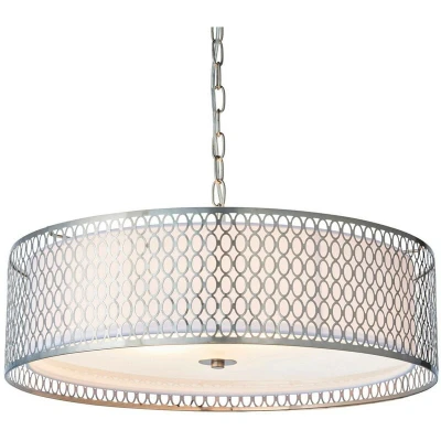 Image of Cordero 3 Light Round Ceiling Pendant Satin Nickel Plate &amp; White Cotton Mix, E27