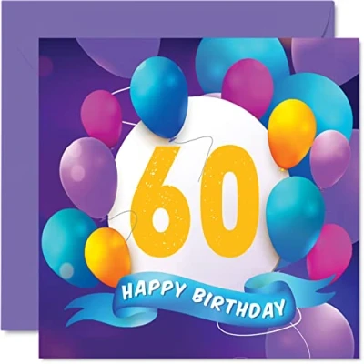 Image of 60th Birthday Card for Men Women Balloon Party Happy Cards 60 Year Old Man Woman Mum Dad Auntie Uncle Grandad Nan Gran Grandma Grandpa, 145mm x Bday Greeting Gift