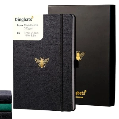 Image of Dingbats* Pro B5 Lined Large Notebook with Gift Box Black Textile Cover, Thread Bound Journal Pocket, Elastic Closure, Pen Holder, Bookmark