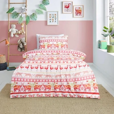 Image of Sleepdown Pink Flamingo Duvet Set Kids Single with Pillowcase for Girls Reversible Soft Quilt Bedding 135cm x 200cm