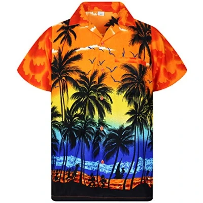 Image of King Kameha Men&#039;s Beach Shirt Short Sleeve Casual Button Down Hawaii Vacation, Beach, Orange, 6XL