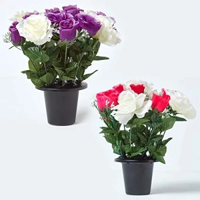 Image of HOMESCAPES Set of 2 Artificial Grave Vases White Pink &amp; Purple Rose Flowers in Black Pot, 30 cm