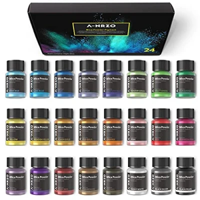 Image of ANRZO Mica Powder For Epoxy Resin, Pearlescent of 24 Colours*10g, Flash Pigment Resin Dyes, Lip Gloss, Soap Making, Candle Bath Bombs, Art Crafts and Nails, 0.35oz Each1