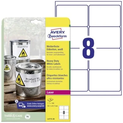 Image of AVERY Zweckform L4715 20 Weatherproof Film Labels (160 Adhesive Labels, 99.1 x 67.7 mm on A4, Extremely Strong Self Adhesive, Waterproof, Durable, Printable Outdoor Film), Sheets, White