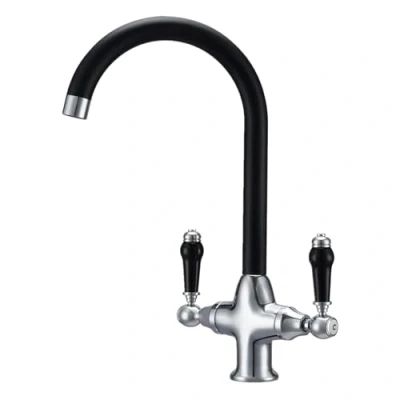 Image of Kitchen Mixer Tap Dual Lever 360 Swivel Spout Chrome and Matte Black 10 Year Warranty