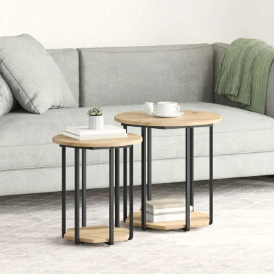 Image of vidaXL round coffee table in brown engineered wood &amp; metal end with shelves for living room/office
