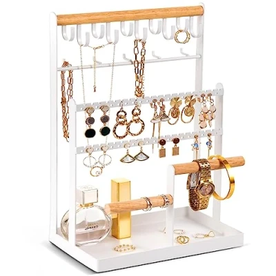 Image of ProCase Jewelry Organiser Stand Necklace Organizer Earring Holder, 6 Tier Holder with 15 Hooks, Tower Display Rack Storage Tree for Bracelets Earrings Rings White