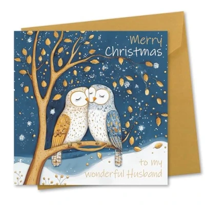 Image of Christmas card for Husband. Owls Design. Eco friendly &amp; UK Made. Verse Inside. 148x148mm size.