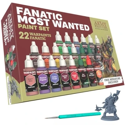 Image of The Army Painter Warpaints Fanatic: Most Wanted Combo Set, 22 x 18ml Acrylic Paint incl. Skin Tones, Metallics, Effects, Wash, Primer, 1 Brush &amp; Miniature for D&amp;D Warhammer