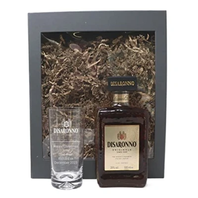 Image of Personalised Dimple Highball Glass &amp; 50cl Bottle of Disaronno Label Design (Disaronno Originale, Presentation Gift Box)