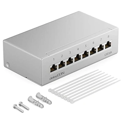 Image of deleyCON CAT 6a Patch Panel Distribution 8 Port 1 HE Desktop &amp; Wall Mounting Shielded 8x RJ45 Socket LAN Network Installation Cable TIA568A TIA568B RAL 7035 Light Grey
