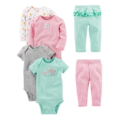 Image of Simple Joys by Carter&#039;s Baby Girls&#039; 6 Piece Bodysuits (Short and Long Sleeve) Pants Set, Aqua Green Elephant/Grey Dots/Pink Stripes/White Forest Animals, Premature