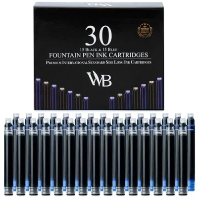 Image of Wordsworth &amp; BLACK Fountain Pen Ink Refills SET OF 15 BLUE Cartridges International Standard Size Length Appr 5.2 cm Base Diameter 0.6 Disposable and Generic