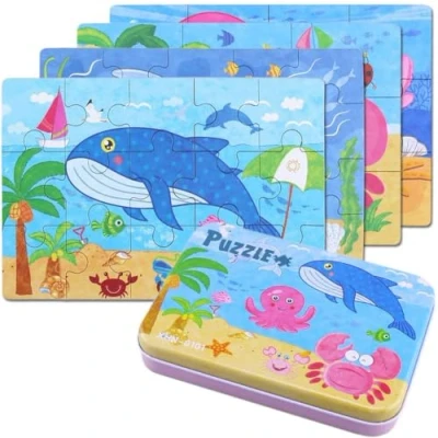 Image of BBLIKE Jigsaw Puzzles Toy in a Box for Kids, Pack of 4 with Varying Degree Difficulty Educational Learning Tool Best Birthday Present Boys Girls (Sea Creatures)
