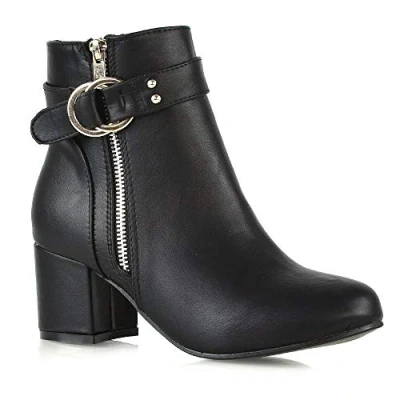 Image of ESSEX GLAM Womens Ankle Boots Block Low Mid Heel Ladies Zip Buckle Strap Smart Booties Shoes
