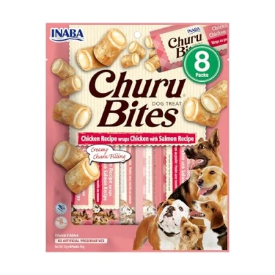 Image of Churu Bites by INABA Dog Treat Chicken &amp; Salmon Flavour (8 x 12g) / Crispy Pouches with Creamy Filling Treat, Delicious Healthy Snack for Dogs, Training Natural, Grain Free