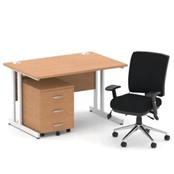Image of Impulse 1200 Desk Oak/White Cantilever 3 Drawer Mobile Ped Black Chair