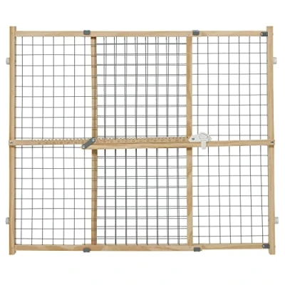 Image of New World 127 cm (32 Inch) High Extra Wide Wood Pet Gate, Won&#039;t Damage Walls, No Tool Assembly with Patented Locking Arm, Dog Gate Measures 81.28H x 73.66 127W cm, Natural &amp; Gray Mesh, B2932WWM 2