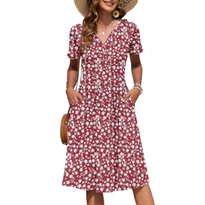 Image of AUSELILY Women&#039;s Summer Short Sleeve Midi Dresses V Neck Empire Button Knee Length Dress with Pockets Floral Red S