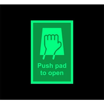 Image of Push pad to open safety sign 150mm x 100mm 1.2mm Photoluminescent rigid plastic with self adhesive backing