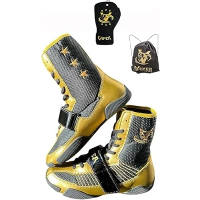 Image of VIPER PRO Boxing Shoes Men&#039;s Wrestling Boots Combat Boxers Trainer Breathable Martial Arts Black Gold UK Footwear Size Adult, Men Wide, 7