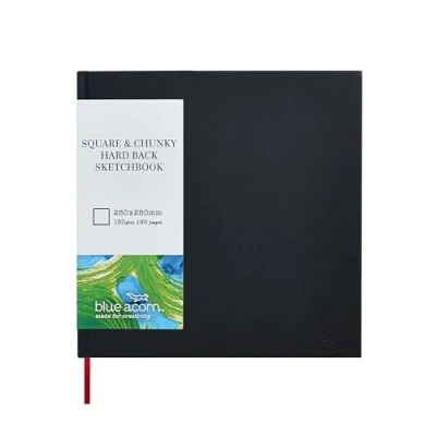 Image of BLUE ACORN Square &amp; Chunky 25x25cm Hardback Sketchbook 95 Sheets 150gsm Multipurpose Cartridge Paper Black Cover with Page Marker Ideal for Light Washes of Paint, Pencils Sketching