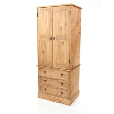 Image of Home Source Double Wardrobe, Solid Pine 2 Door 3 Drawer Traditional Cabinet, Bedroom Closet Organiser, Natural