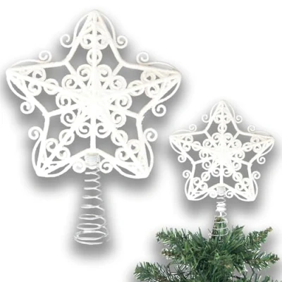 Image of 14.5cm White Glitter Star Christmas Tree Topper Shatterproof for Decorations Xmas Treetop Crown Holiday Ornament