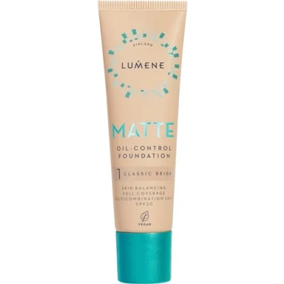 Image of Lumene Matt Control Oil Free Foundation for Oily and Combination Skin Full Coverage with Arctic Cloudberry 30 ml / 1.0 Fl.Oz. (1 Classic Beige SPF20)