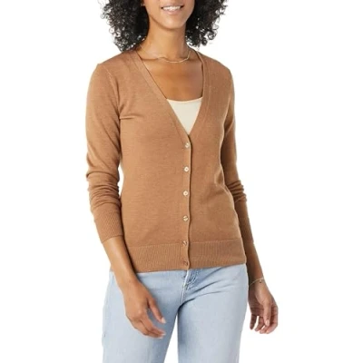 Image of Amazon Essentials Women&#039;s Lightweight V Neck Cardigan Jumper (Available in Plus Size), Camel Heather, XXL