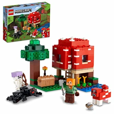 Image of LEGO Minecraft The Mushroom House Set, Building Toy for Kids Age 8 plus, Gift Idea with Alex, Mooshroom &amp; Spider Jockey Figures 21179