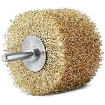 Image of S&amp;R Steel Wire Round Brush 80 mm x 35 mm, Wood Structure Brush, Brass Plated, Wavy with Shaft 8 for Wood, Metal, Stainless Steel, Plastics