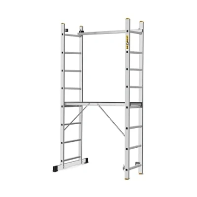 Image of DRABEST Pro 3 in 1 Aluminium Ladder Scaffolding Folding Ladder, Versatile with Work Platform and Bucket Hook Adjustable Height, Foldable, 2X 8 Steps