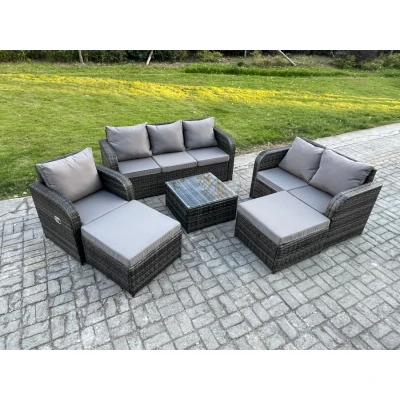 Image of 8 Seater High Back Rattan Garden Furniture Set with Square Coffee Table 2 Big Footstool Indoor Outdoor Patio Lounge Sofa Dark Grey Mixed Fimous