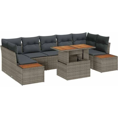 Image of vidaXL 8 Piece Garden Sofa Set with Cushions in Grey Poly Rattan