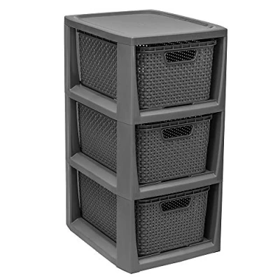 Image of BranQ Home essential, Rattan Design BPA Free Plastic 3 Drawer Storage Unit, Ideal for Office, Bedroom and Bathroom Storage, 29.5 x 24 48.7 cm (LxWxH) Anthracite