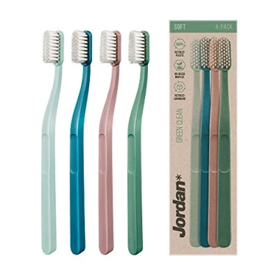 Image of Jordan ® Green Clean Manual Toothbrush Award Winning Sustainable Made from Recycled Materials Eco Friendly Scandinavian Design Soft Bristles Mixed Colour Pack 4 Units