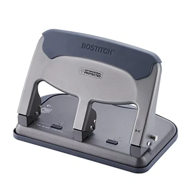 Image of Bostitch Office EZ Squeeze 40 Sheet 3 Hole Punch, Antimicrobial Coating, Heavy Duty (HP40AM), Silver