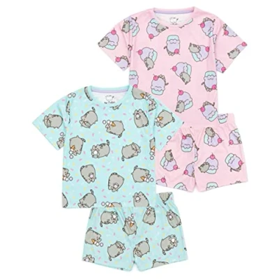 Image of Pusheen Girls Pyjama Set 2 Pack Multicoloured Short Sleeve T Shirt with Shorts Nightwear PJs for Kids Pink &amp; Blue Cartoon Cat Cute Sleepwear Merchandise Gift Children Teens