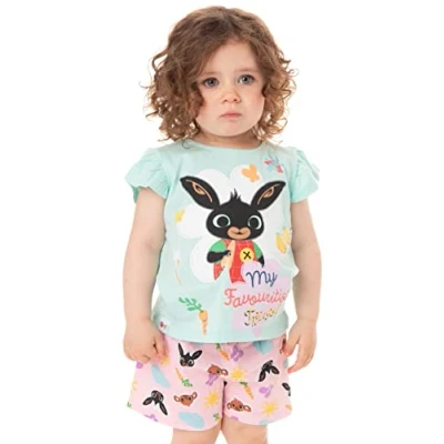 Image of Bing Bunny Pyjamas For Girls Pink Blue Sula Characters PJs with Frilly Short Sleeve T Shirt &amp; Shorts CBeebies Childrens Show Merchandise 2 3 Years