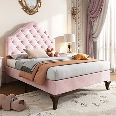 Image of ModernLuxe Single Bed 90 * 190, Upholstered with Slatted Frame and Headboard, Frames Height adjustable Wooden Slat Support, Easy Assembly, Velvet, Pink