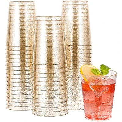 Image of KAHEIGN 50Pcs Clear Plastic Cups, 300ml Gold Glitter Tumblers Reusable Drink Cups Elegant Party Wine Glasses for Cocktail Champagne Beer Martini Soda Dessert (9.5 x 7.5cm)