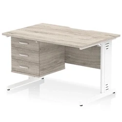 Image of Impulse 1200 x 800mm Scalloped Edge Office Desk Grey Oak Top White Cable Managed Leg Workstation 1 3 Drawer Fixed Pedestal