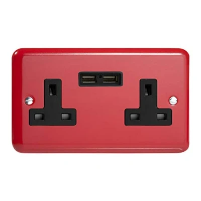 Image of Varilight 2 Gang 13A Unswitched Plug Socket + 5V DC 2100mA USB Charging Ports Pillar Box Red XY5U2B.PR